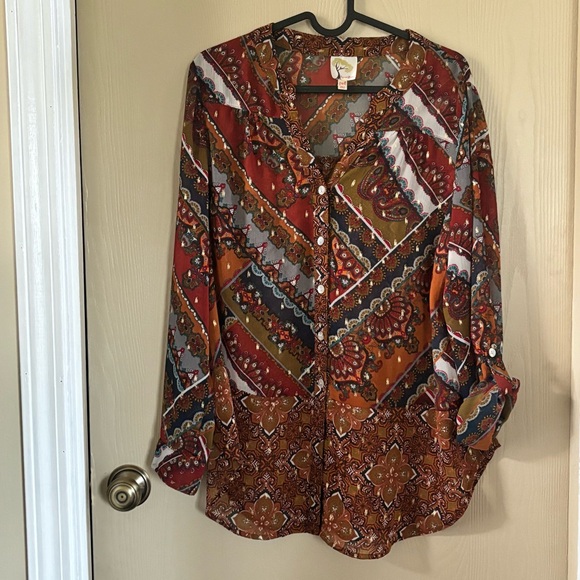 Fig & Flower for Anthropologie, fall button up tunic w/multi print, gold accents - Picture 5 of 6